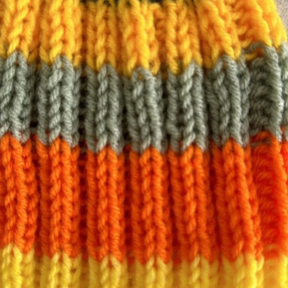 Hand-knit striped beanie in yellow, orange, sage and blue - Picture 2 of 2